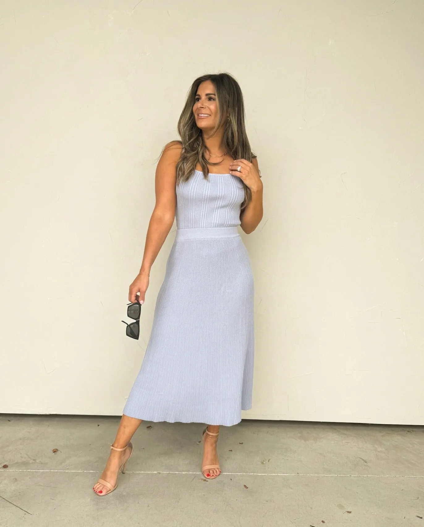 Lavender Blue Textured Knit Tank and Midi Skirt Set