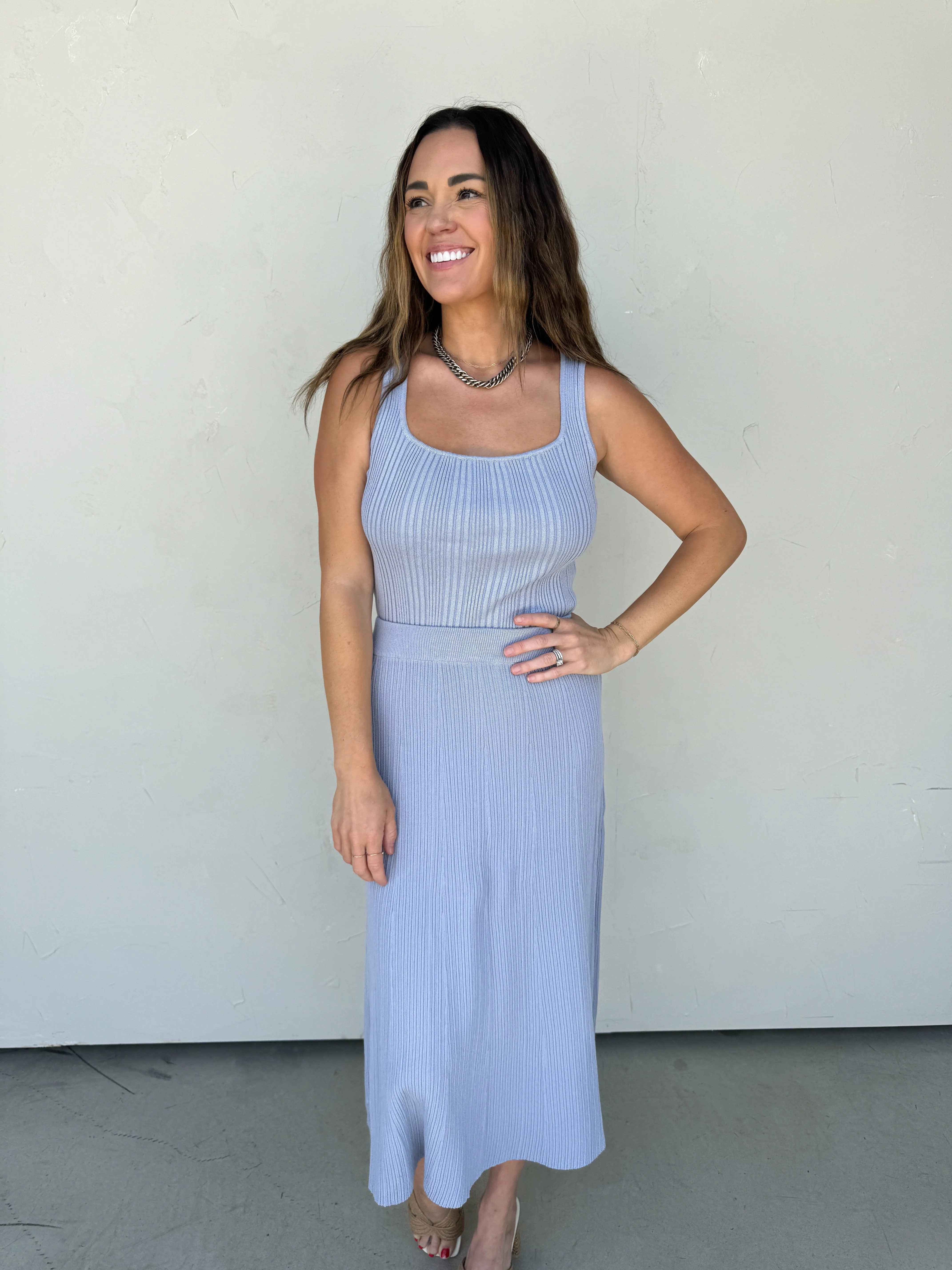 Lavender Blue Textured Knit Tank and Midi Skirt Set