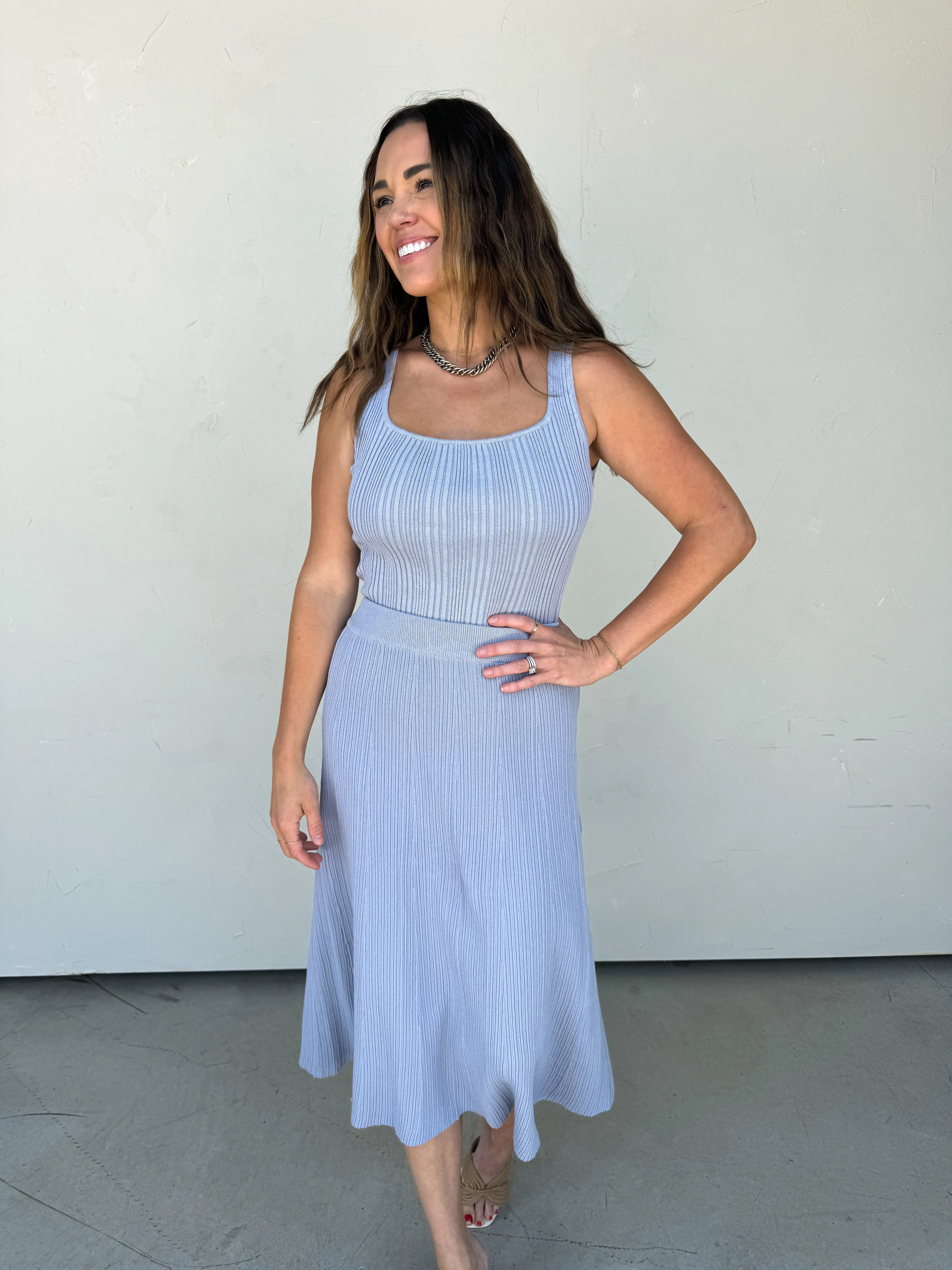 Lavender Blue Textured Knit Tank and Midi Skirt Set