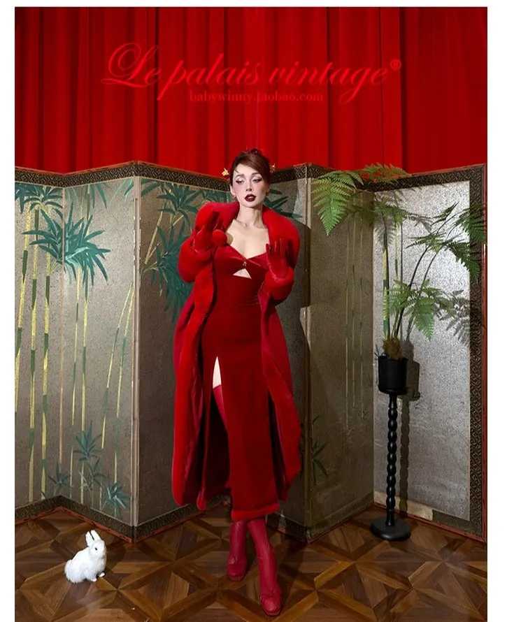 Le Palais Vintage Original Elegant Red Fur Collar Long Coat - Odesey