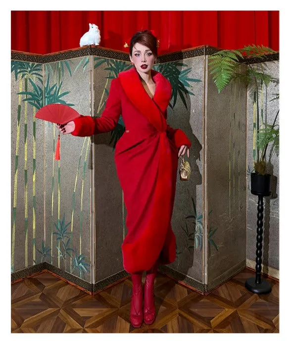 Le Palais Vintage Original Elegant Red Fur Collar Long Coat - Odesey