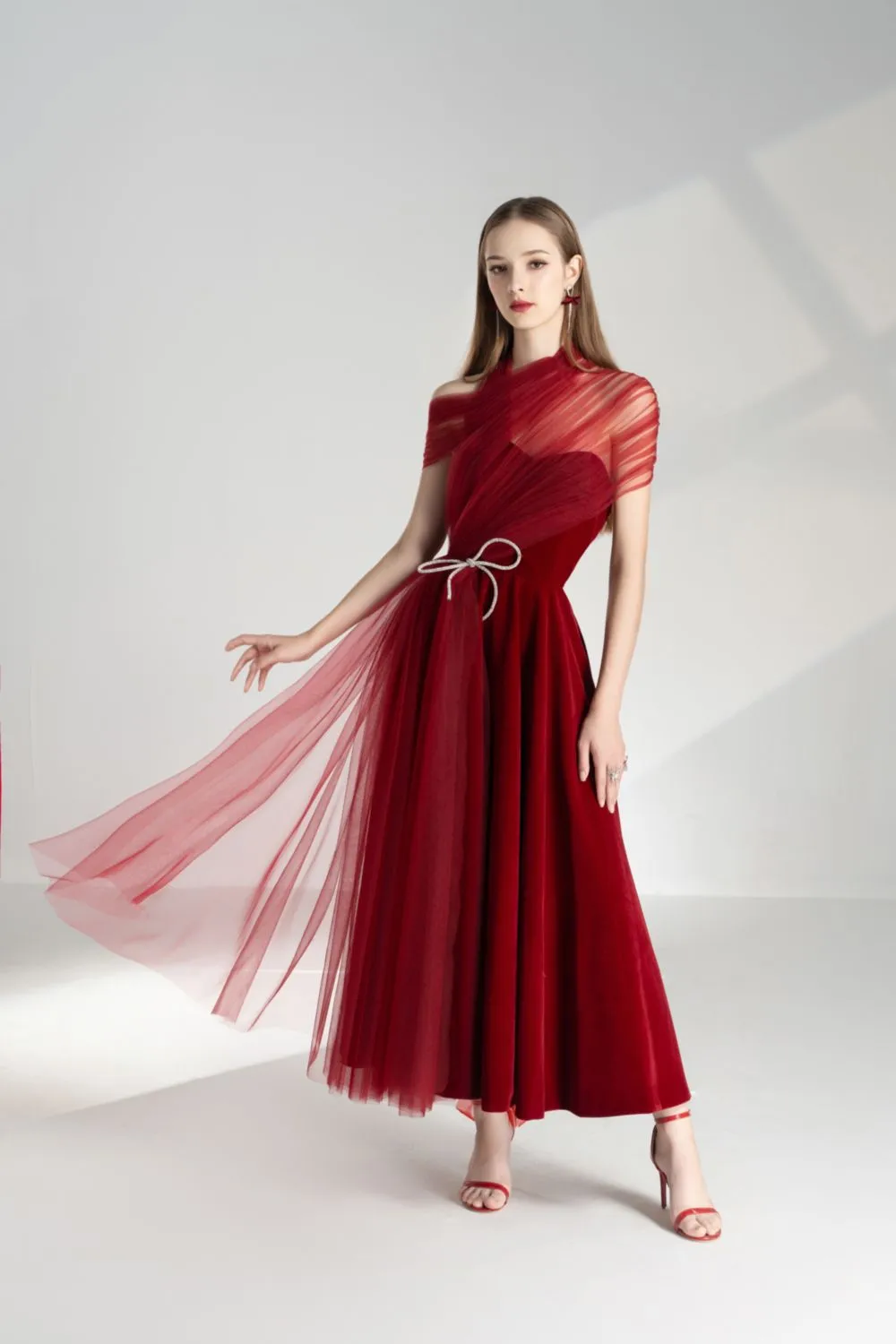 Leslie Fit and Flare Crossover Mesh Taffeta Maxi Dress