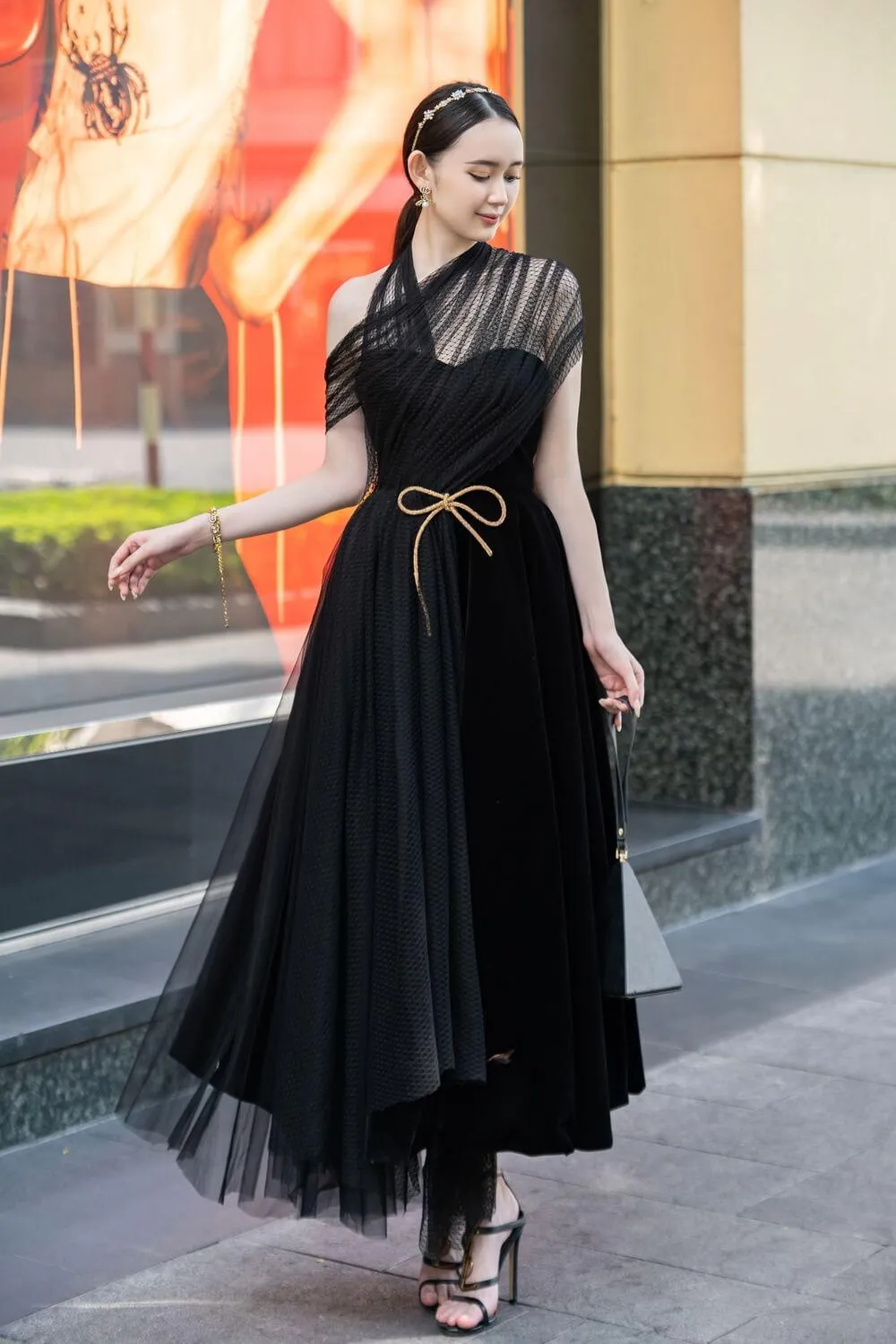 Leslie Fit and Flare Crossover Mesh Taffeta Maxi Dress