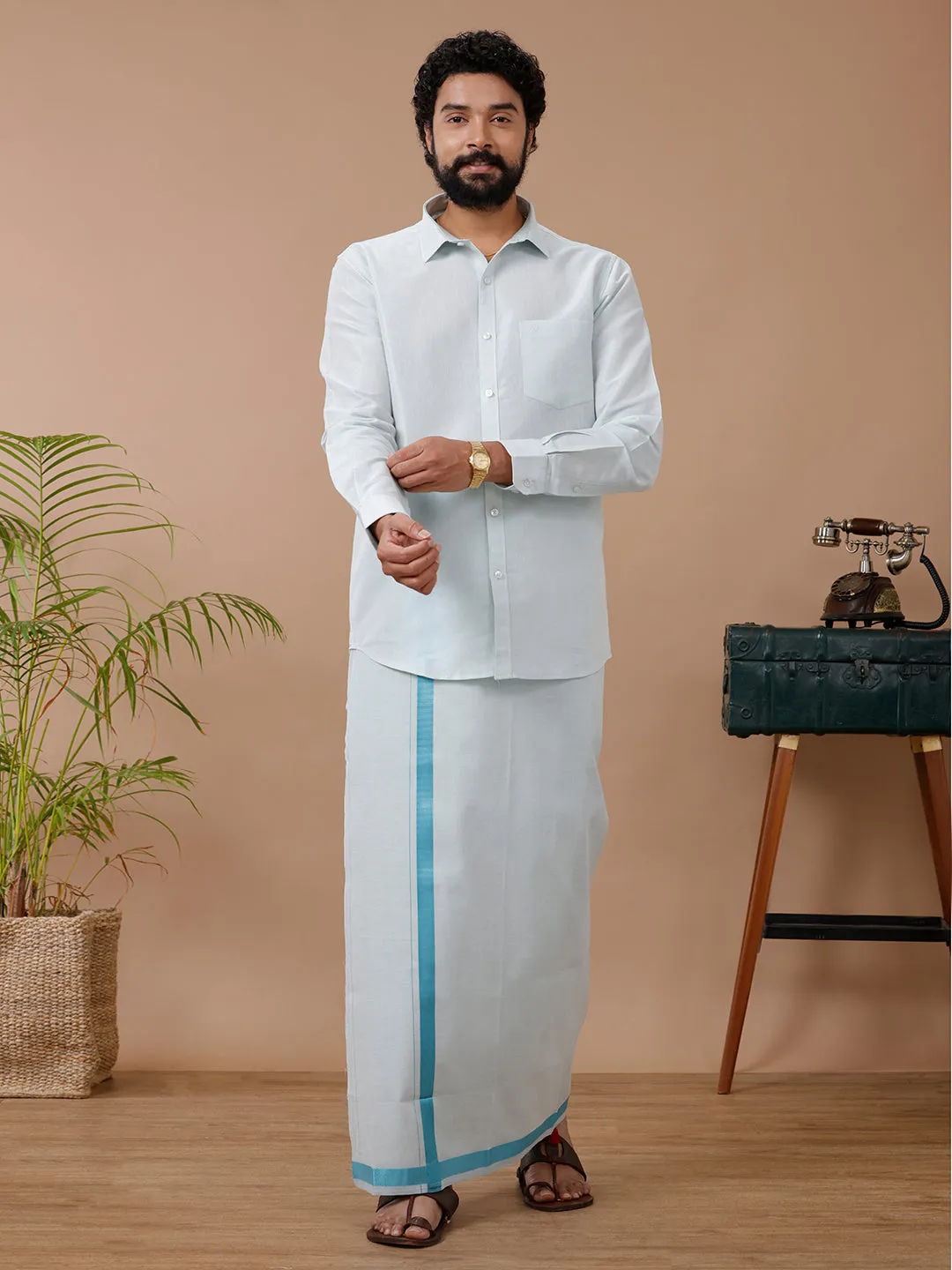 Like Father Like Son Tissue Dhoti & Shirt Combo Cyan