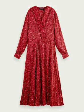 Long-sleeved pleated midi dress in Space Floral Electric Red