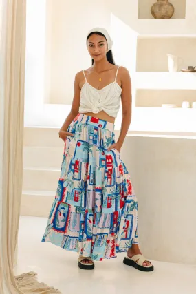 Lulu Blue Tropical Tiered Maxi Skirt