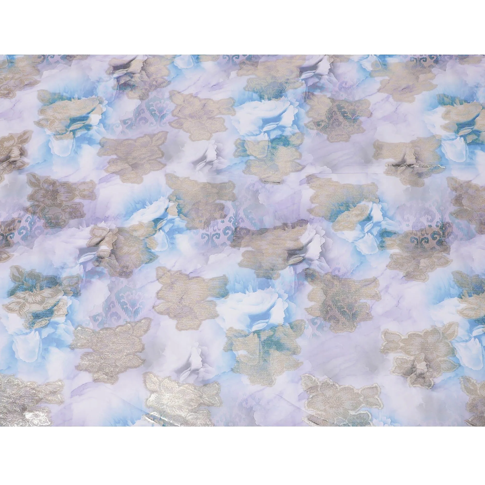 Maya blue synthetic chiffon fabric with same tone and lavender print having gold metallic lurex in floral design-D7004