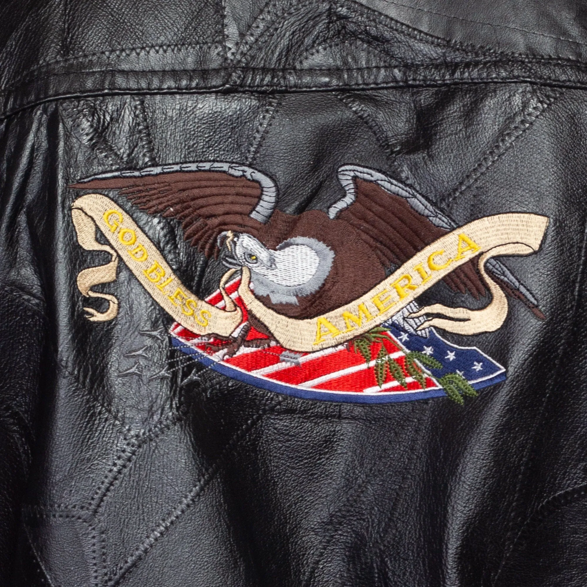 Medium 90s Black Patchwork Leather American Flag Moto Jacket