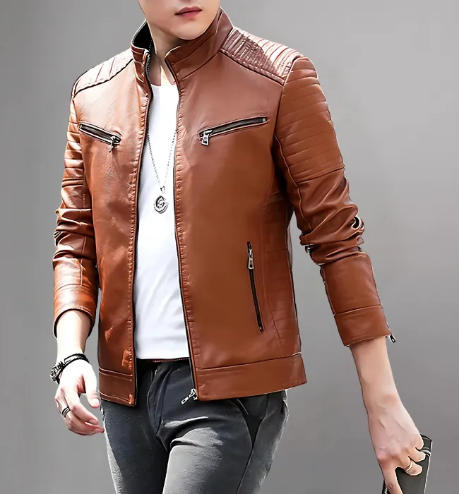 Men's Leather Jacket Stand Collar Motorcycle Jacket