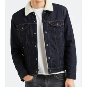 Mens Levis Original Sherpa Rinse Blue Denim Western Cowboy Trucker Jacket