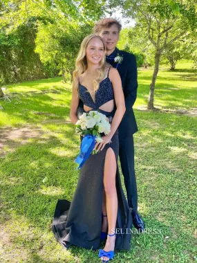 Mermaid V Neck Dark Navy Long Prom Dress With Slit SEW1131