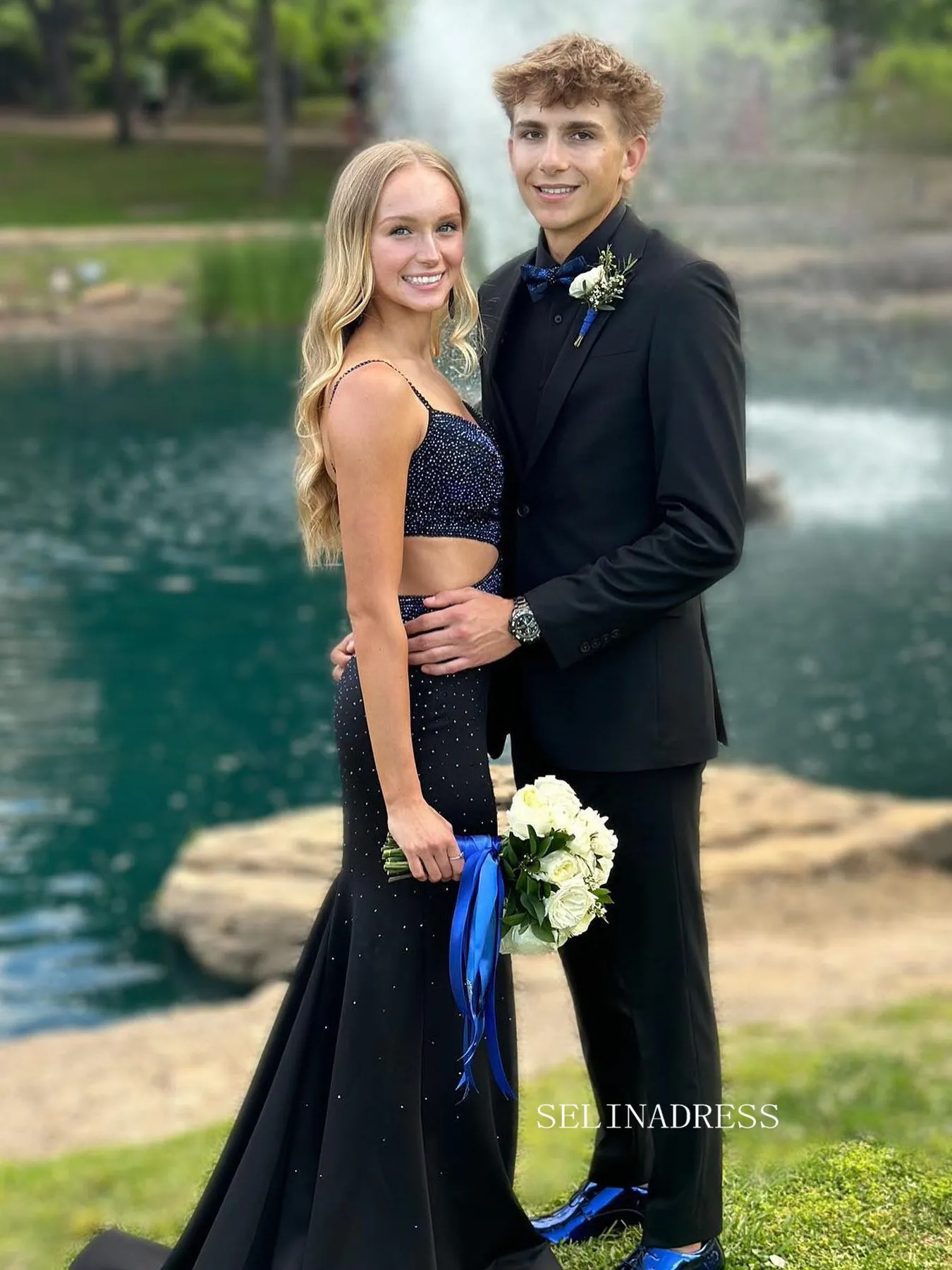 Mermaid V Neck Dark Navy Long Prom Dress With Slit SEW1131