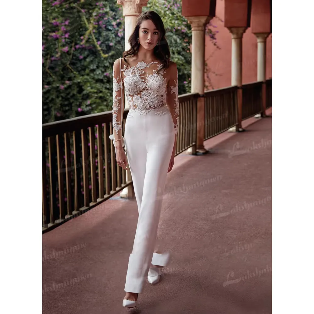 Modern Long Sleeve Jumpsuit Wedding Dress with Lace Appliques and Detachable Train