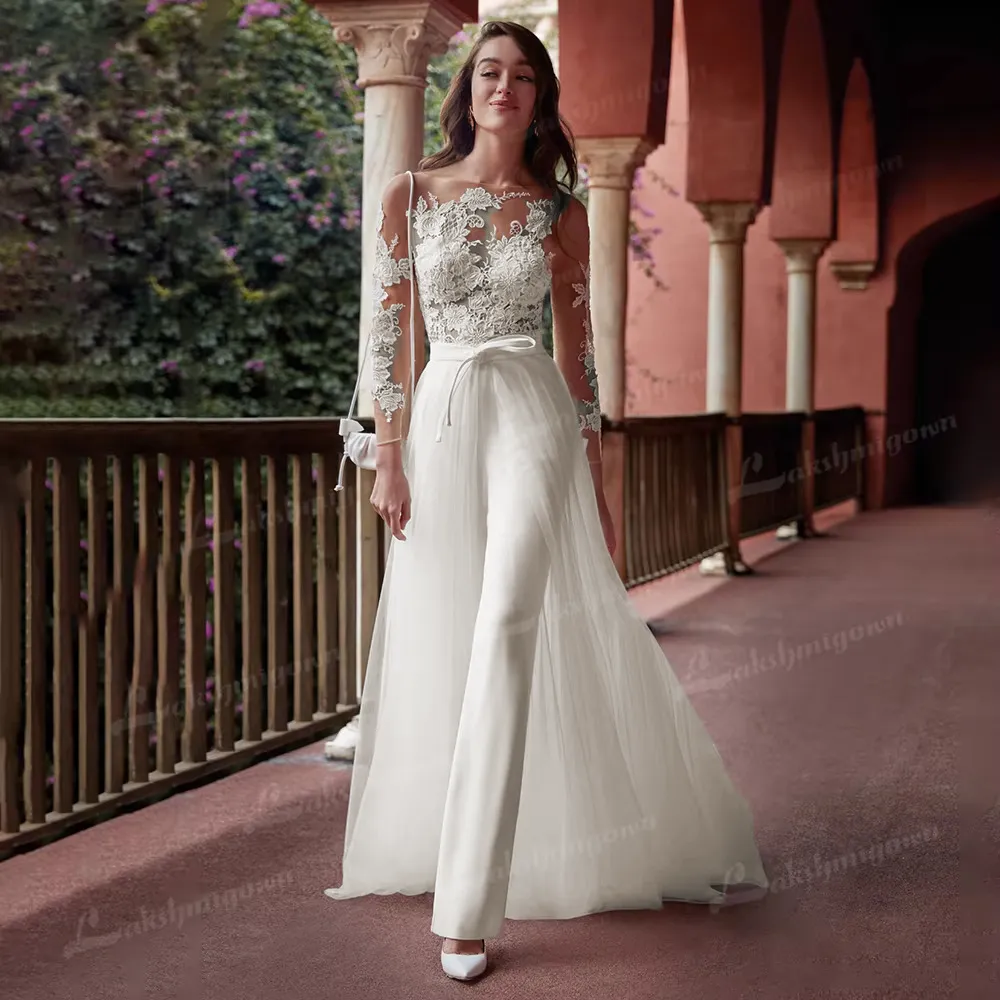 Modern Long Sleeve Jumpsuit Wedding Dress with Lace Appliques and Detachable Train