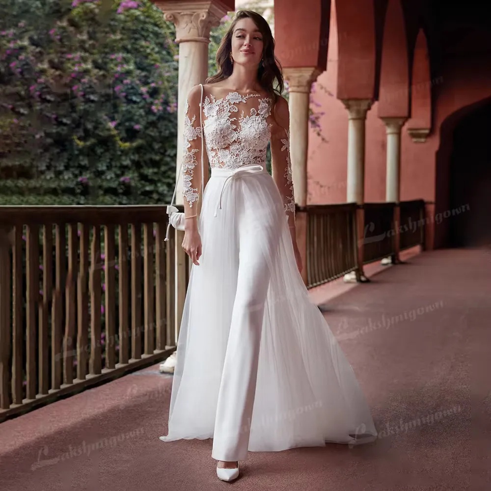 Modern Long Sleeve Jumpsuit Wedding Dress with Lace Appliques and Detachable Train