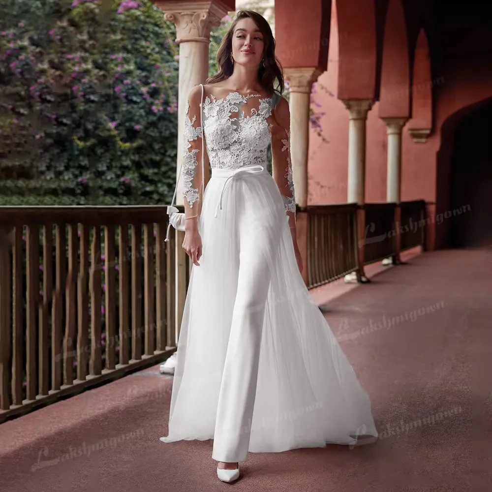 Modern Long Sleeve Jumpsuit Wedding Dress with Lace Appliques and Detachable Train