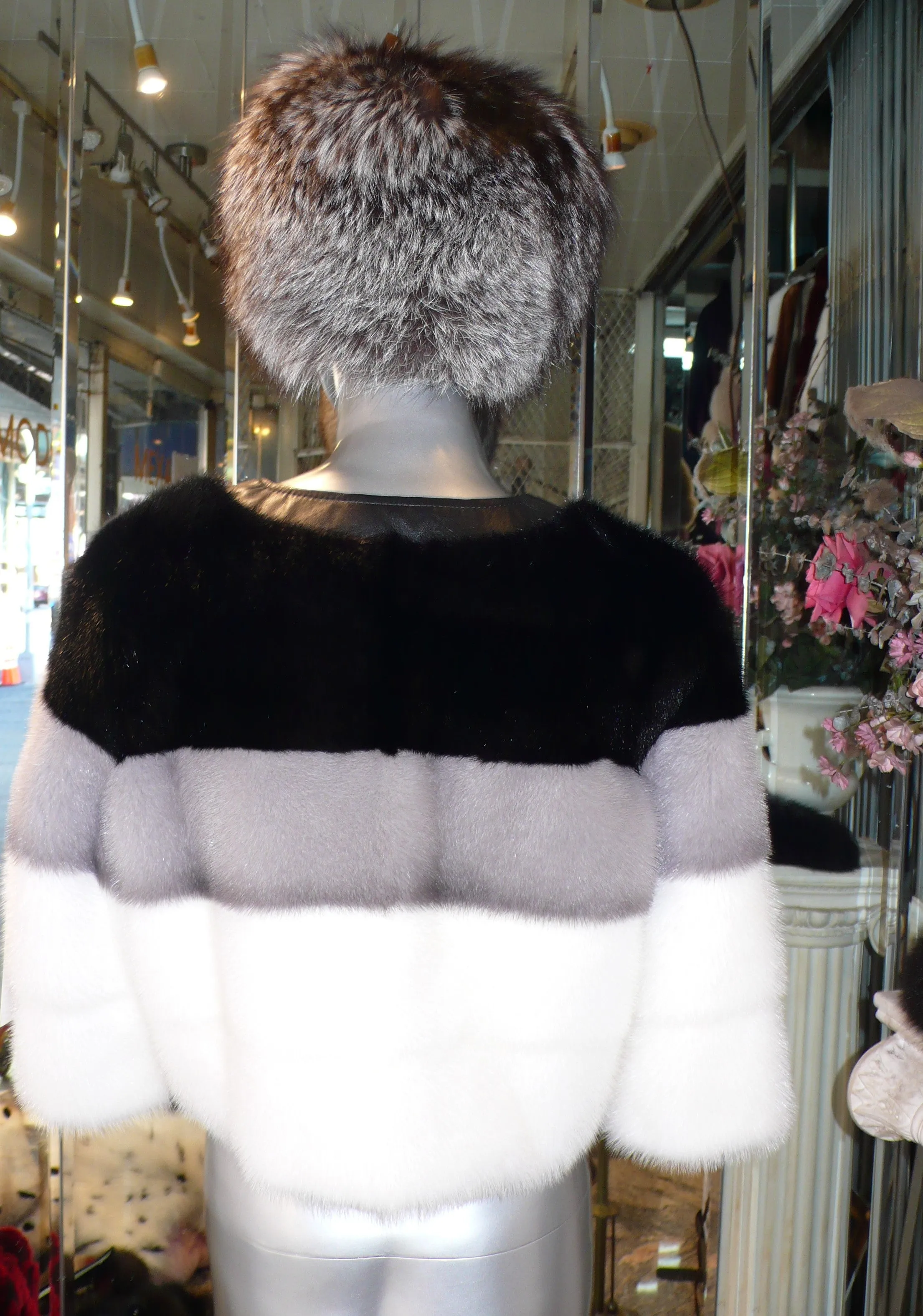 Modern Youthful Style Three Shade MINK FUR Bolero Jacket with leather Detail Neckline