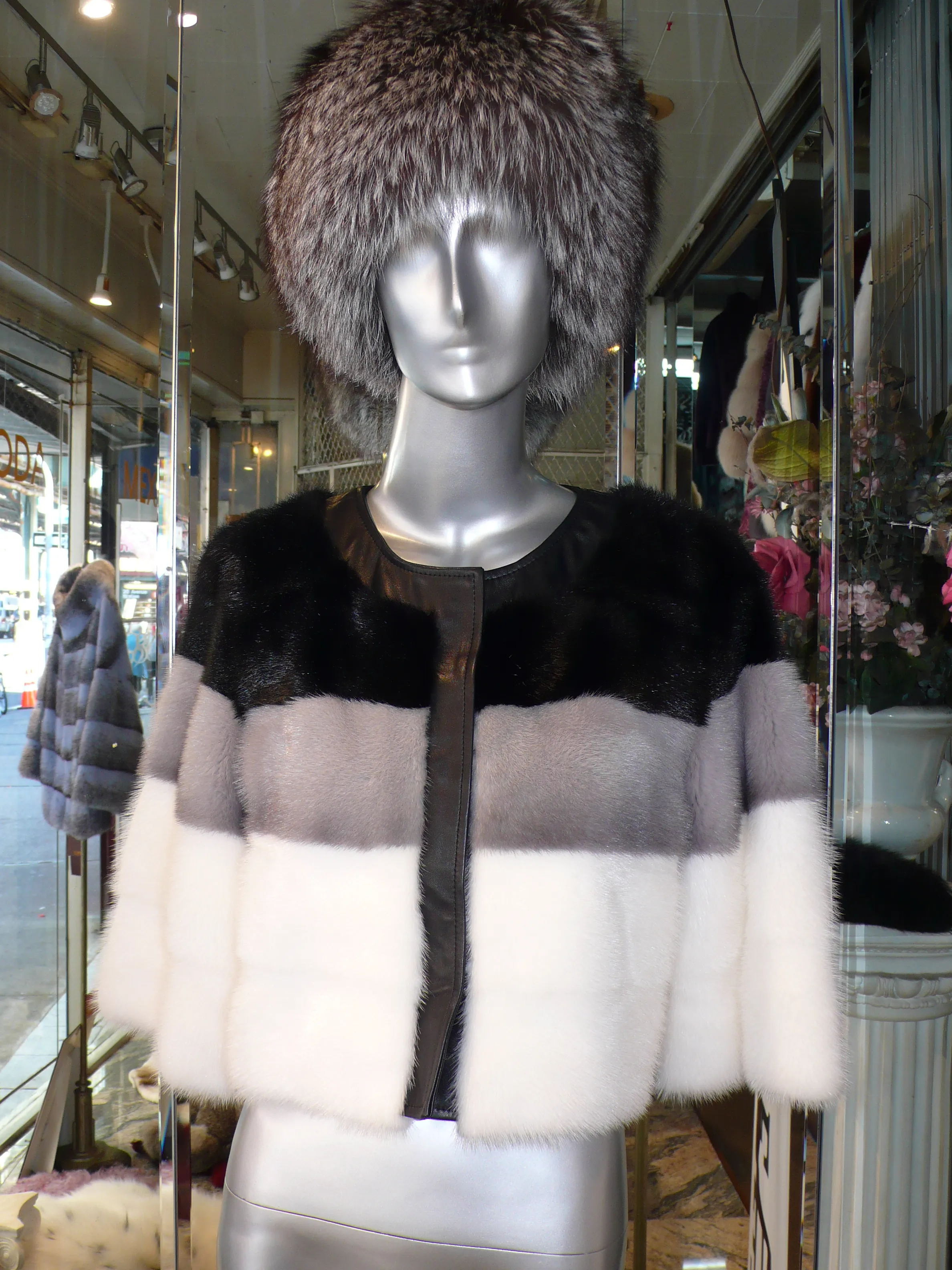 Modern Youthful Style Three Shade MINK FUR Bolero Jacket with leather Detail Neckline