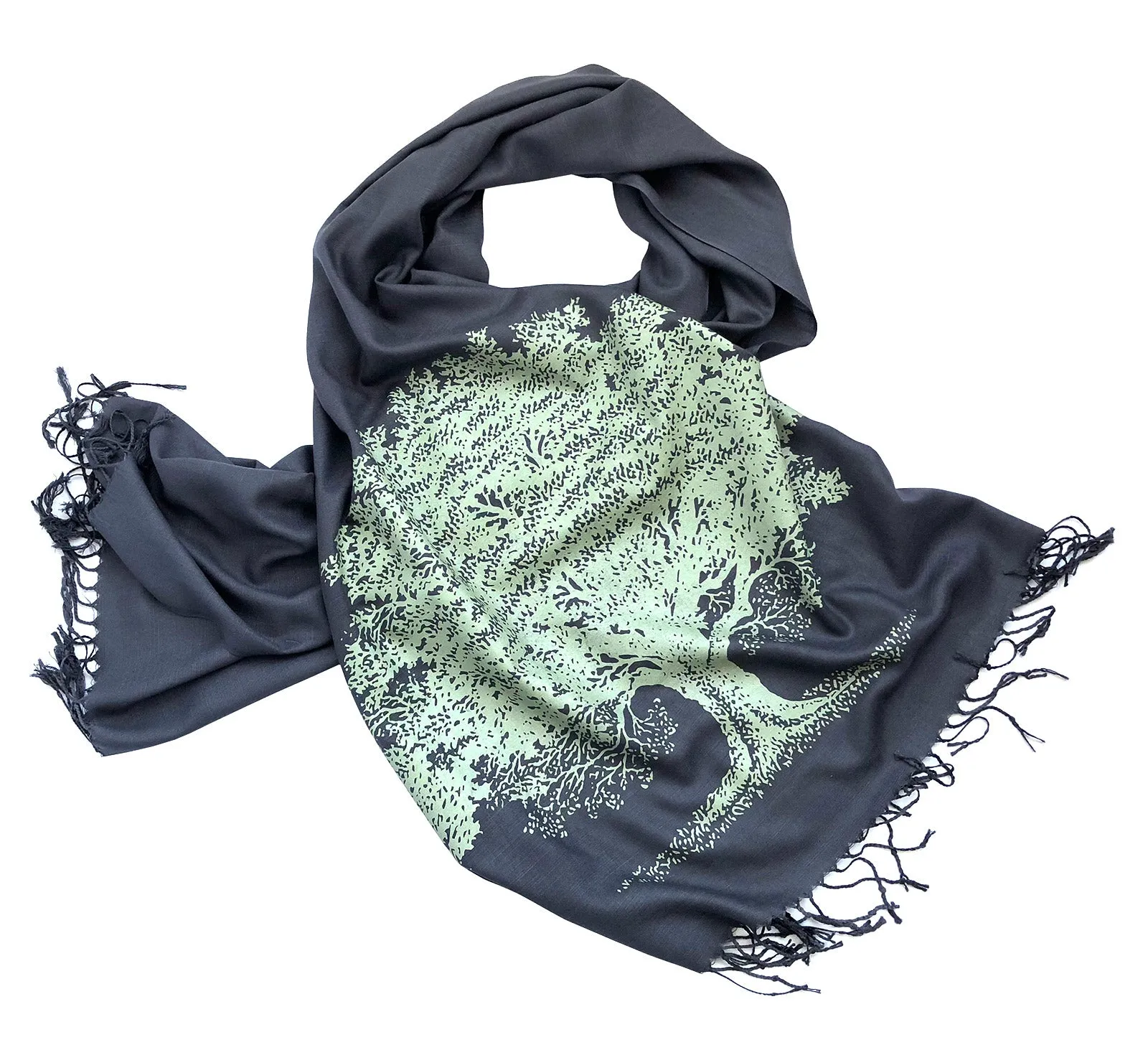 Oak Tree Scarf, Tree Silhouette Linen-Weave Pashmina