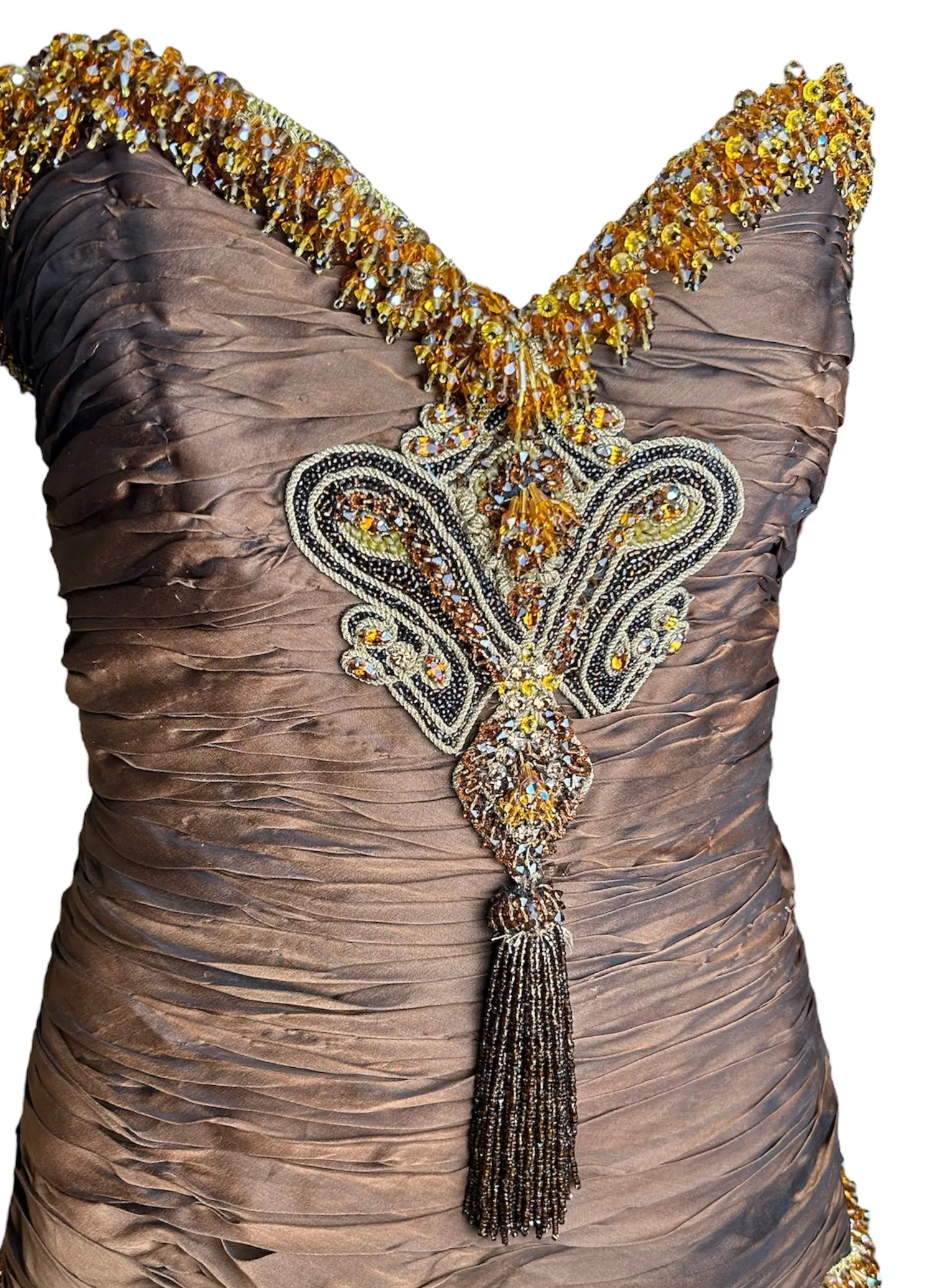 Odicini Couture 1990s Glowing Brown Strapless Silk Gown with Beaded Accents