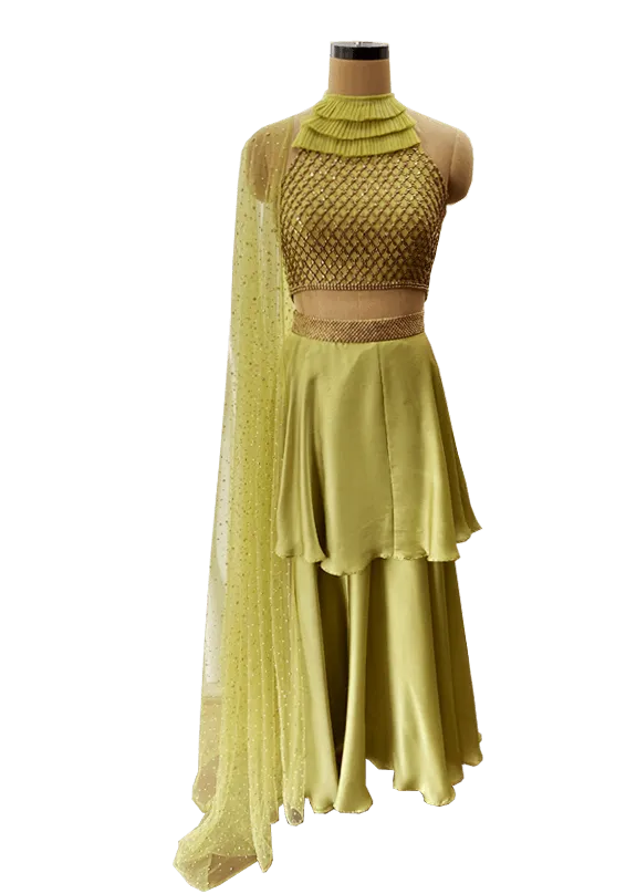 Olive Green Two Layer Lehenga Set