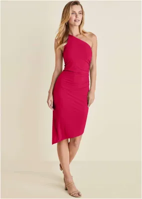 One Shoulder Dress - Dark Pink