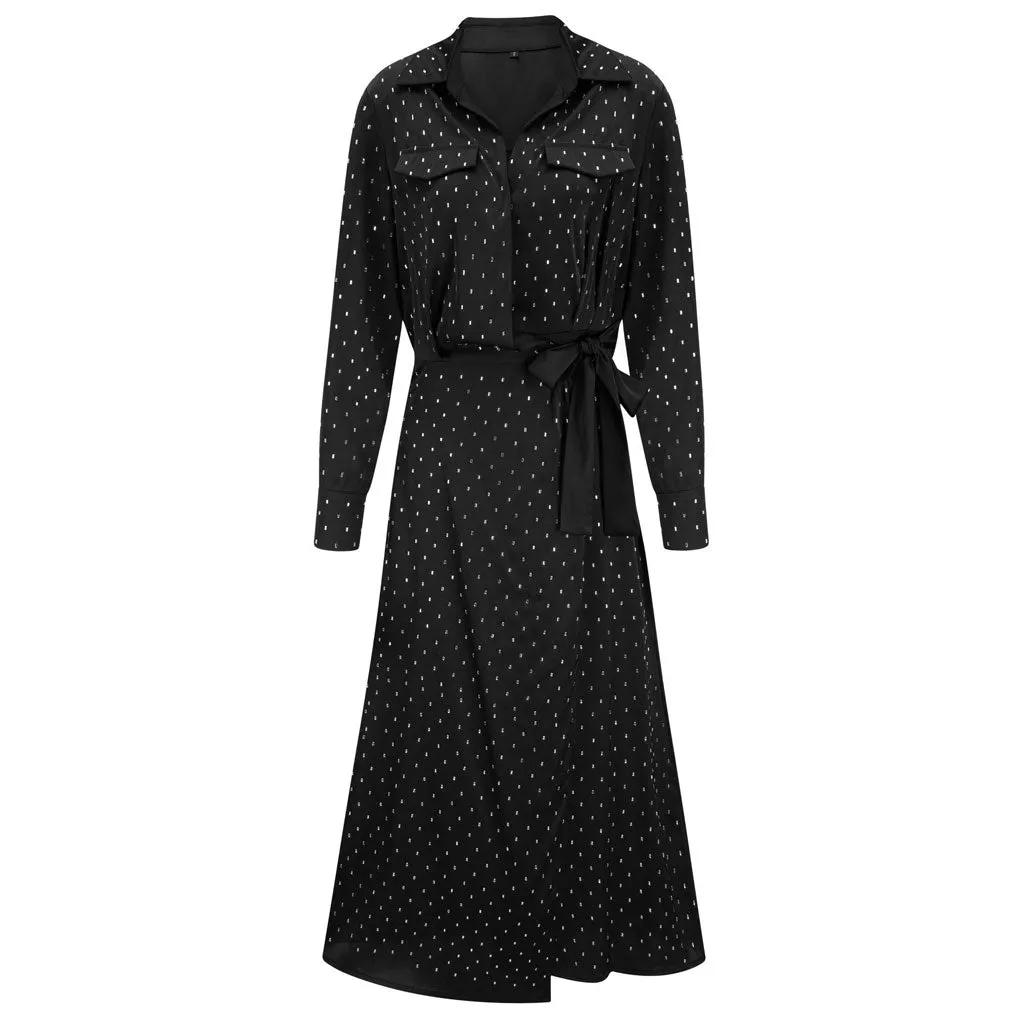 Opulent Crystal Dotted Half Button Bow Tie Long Sleeve Chiffon Midi Shirt Dress