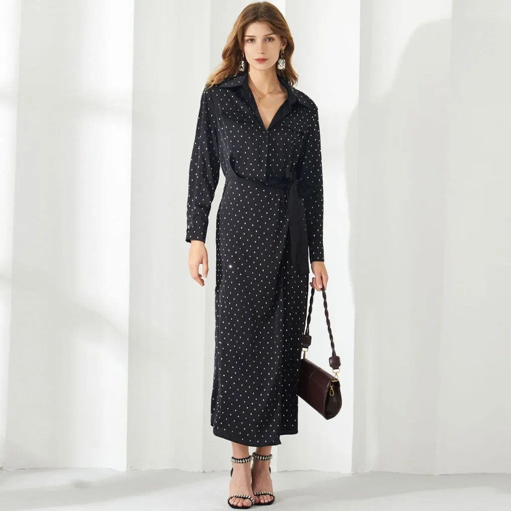 Opulent Crystal Dotted Half Button Bow Tie Long Sleeve Chiffon Midi Shirt Dress