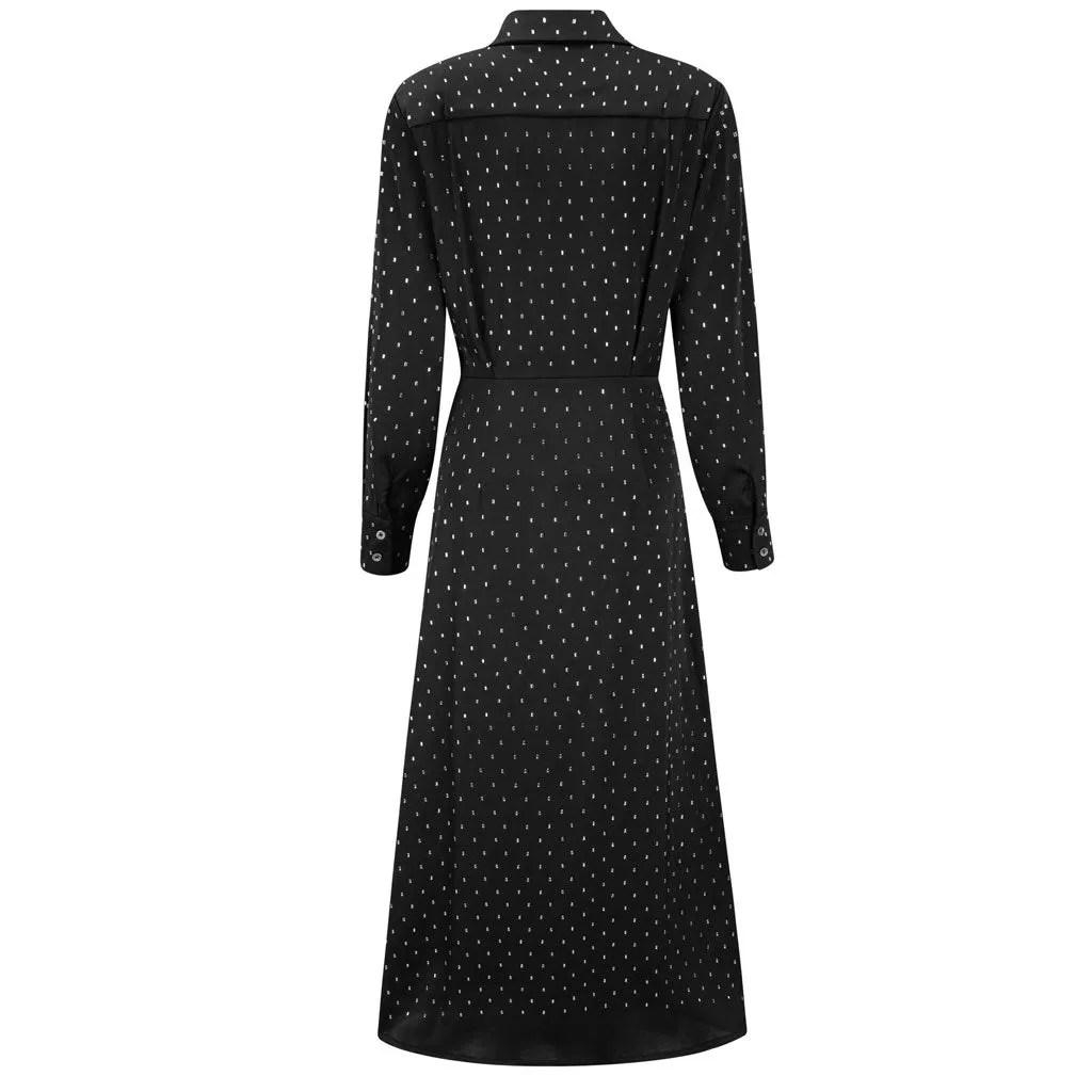 Opulent Crystal Dotted Half Button Bow Tie Long Sleeve Chiffon Midi Shirt Dress