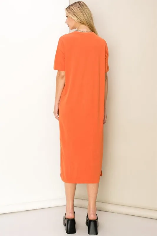 Orange Take A Stroll Side Slit T-Shirt Midi Dress