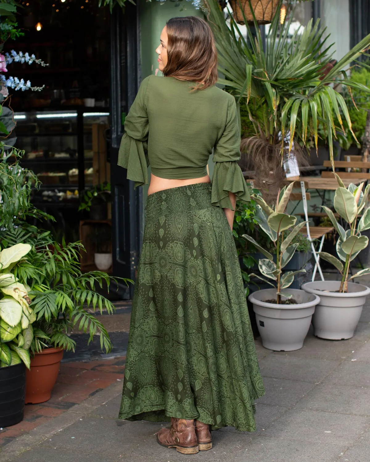 Paisley Coconut Shell Maxi Skirt Green