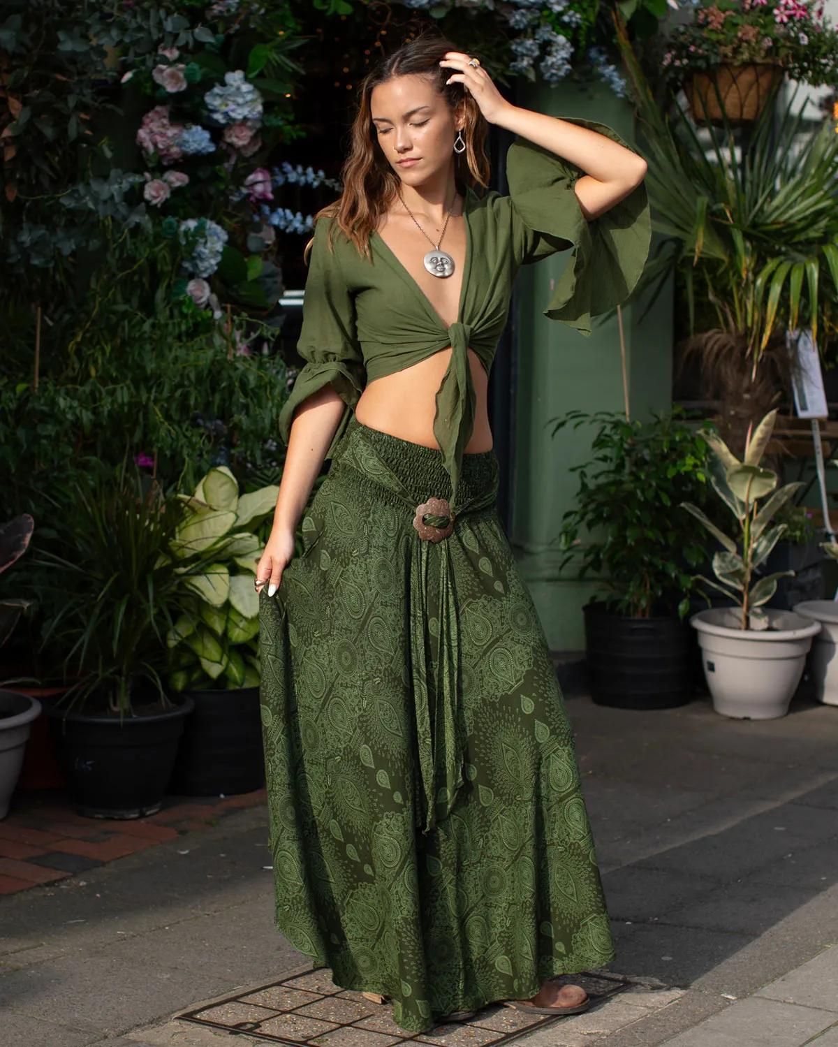 Paisley Coconut Shell Maxi Skirt Green