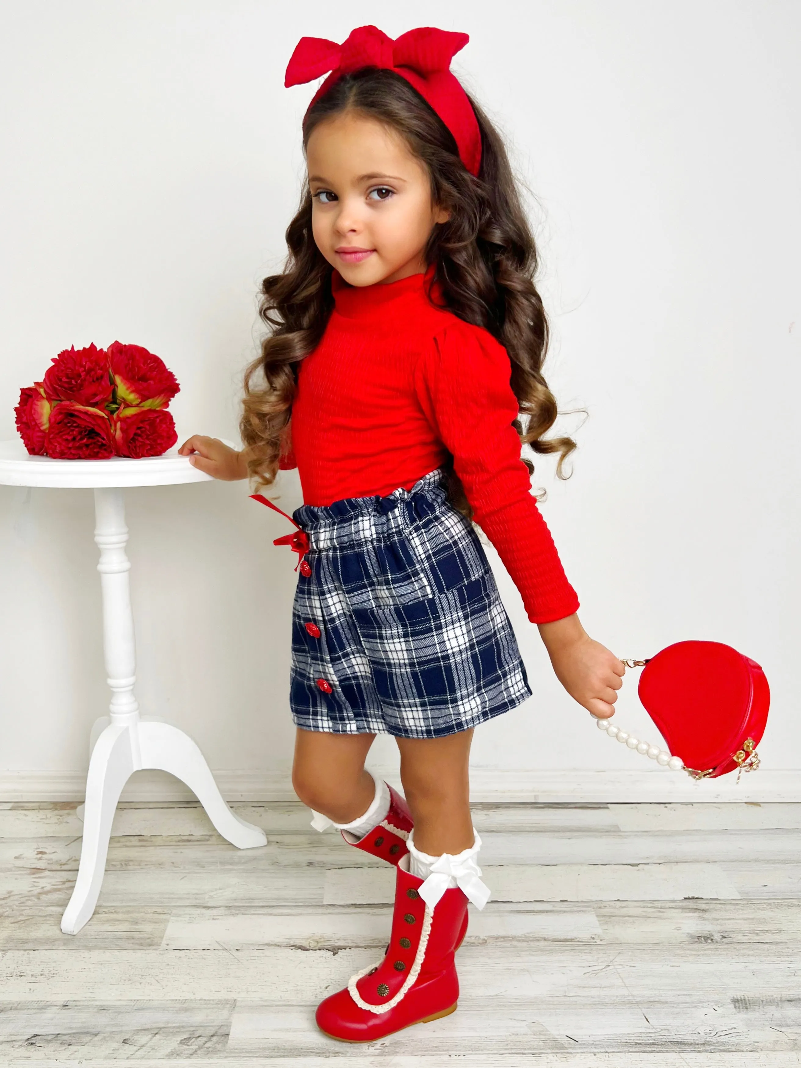 Playful Patches Red Turtleneck Top and Plaid Skirt Set