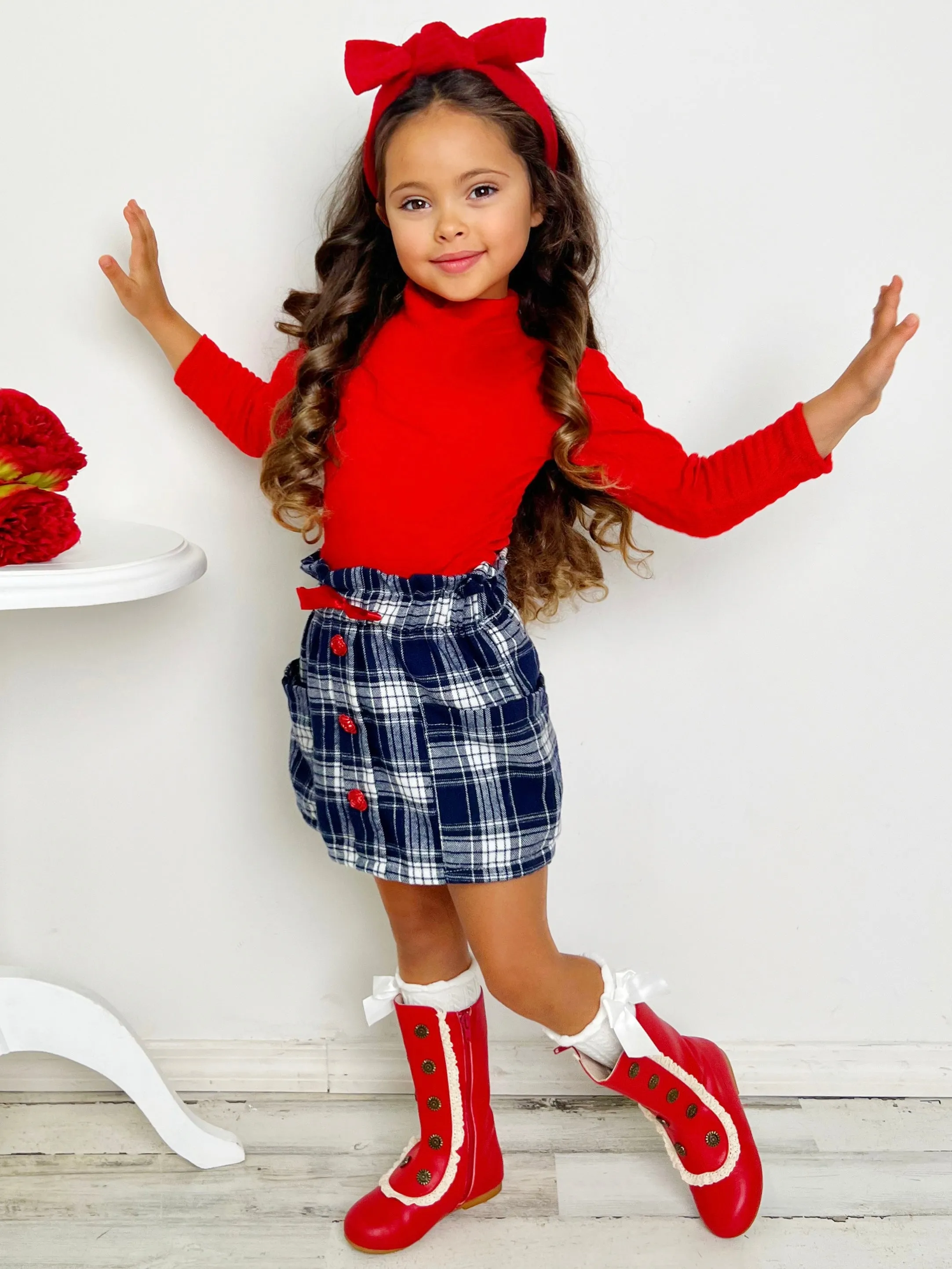 Playful Patches Red Turtleneck Top and Plaid Skirt Set