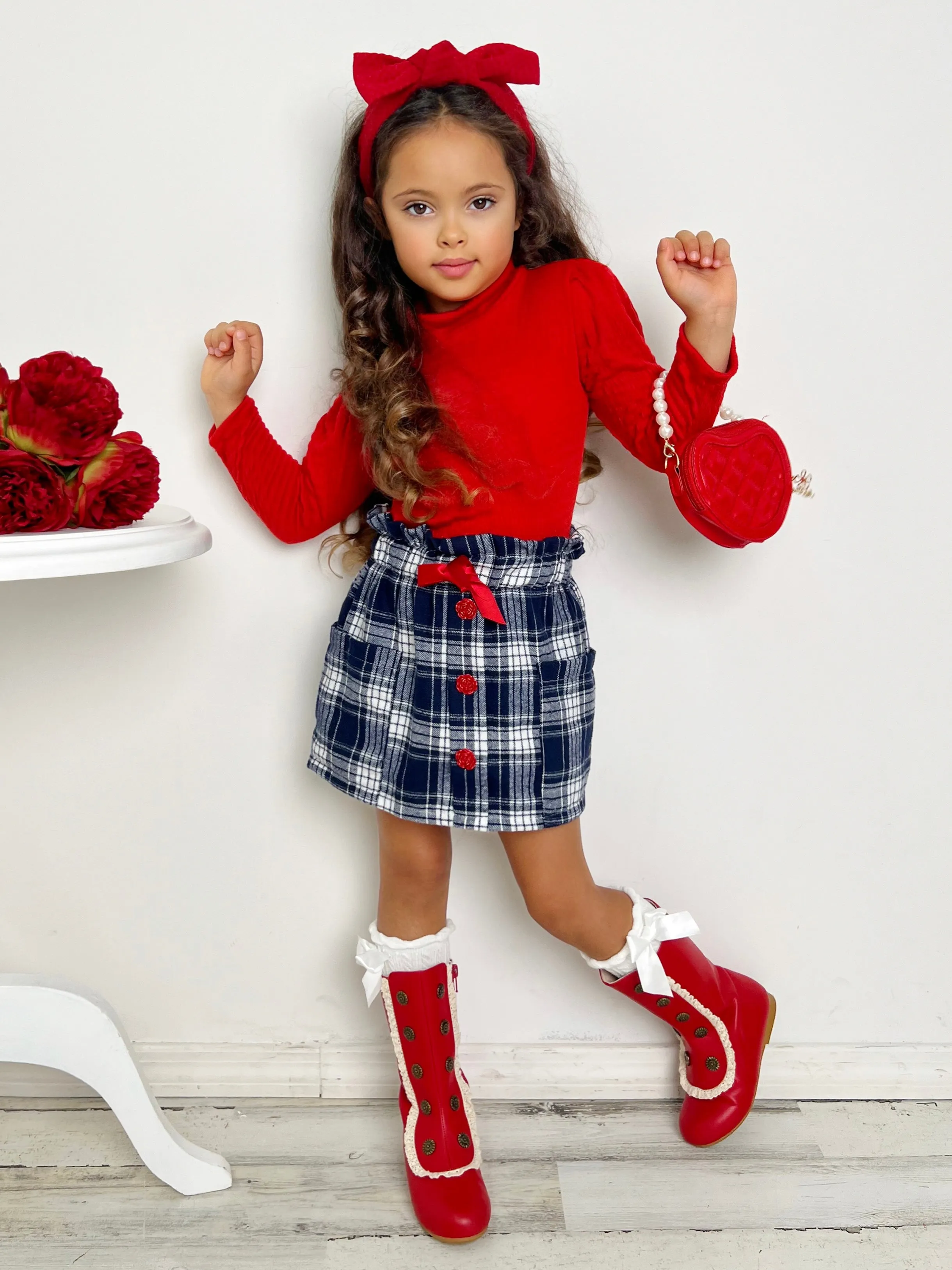 Playful Patches Red Turtleneck Top and Plaid Skirt Set