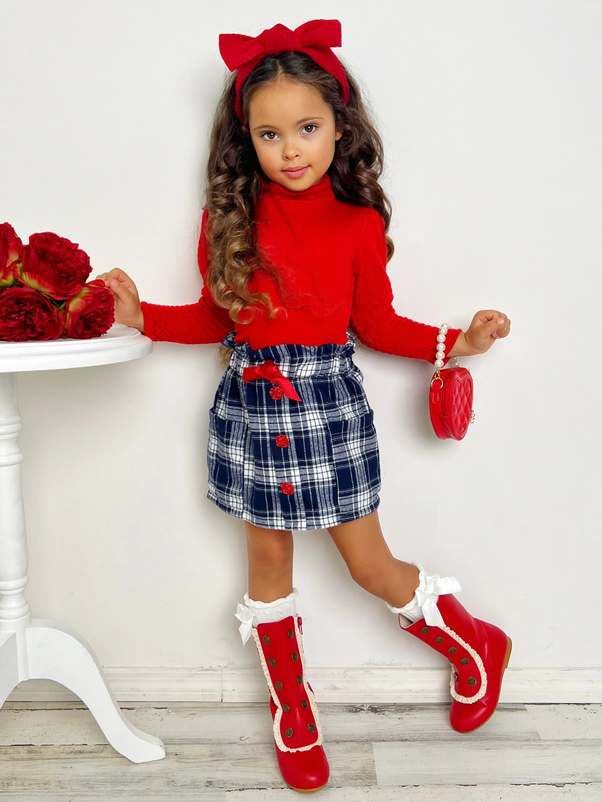 Playful Patches Red Turtleneck Top and Plaid Skirt Set