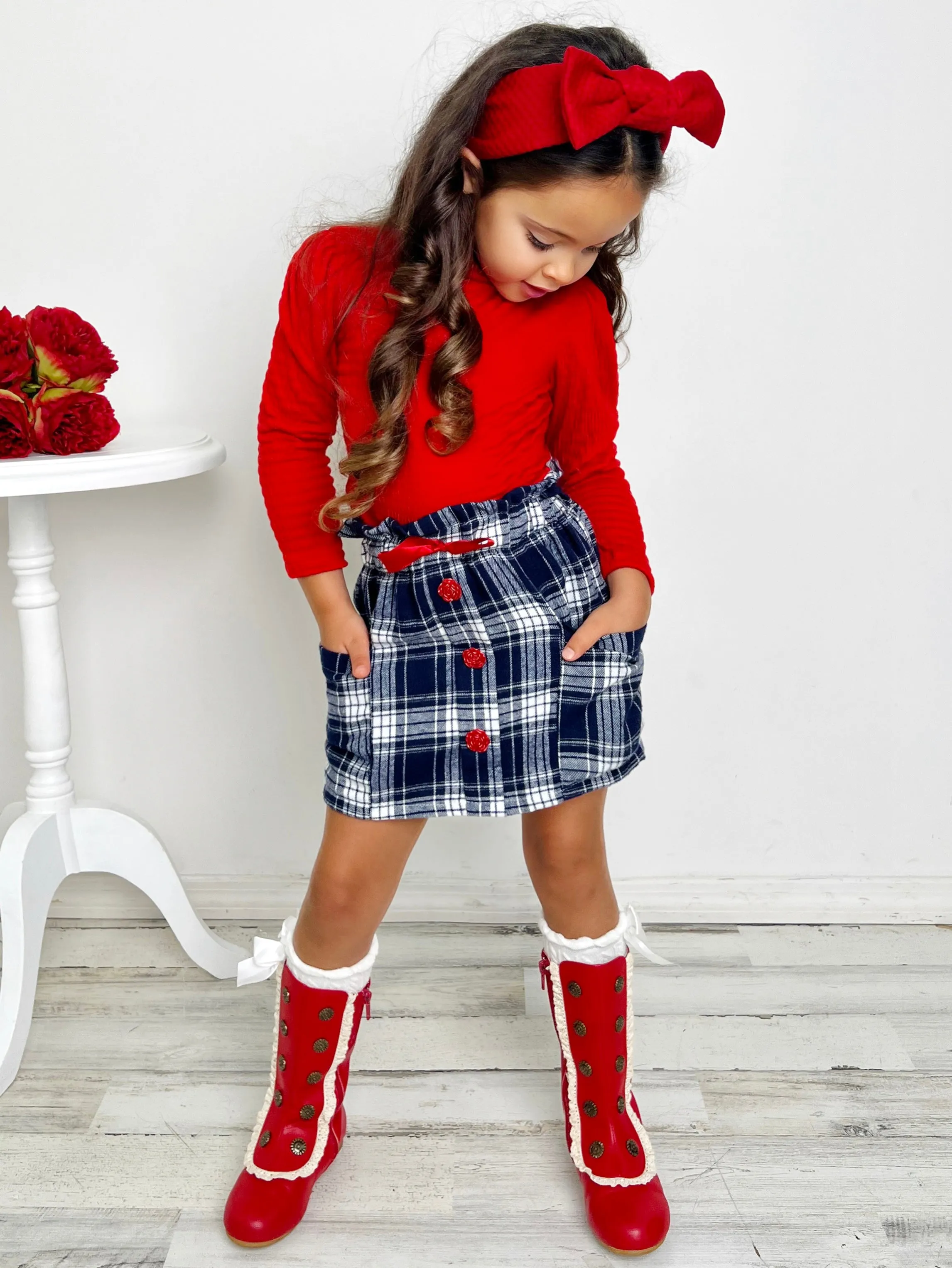 Playful Patches Red Turtleneck Top and Plaid Skirt Set