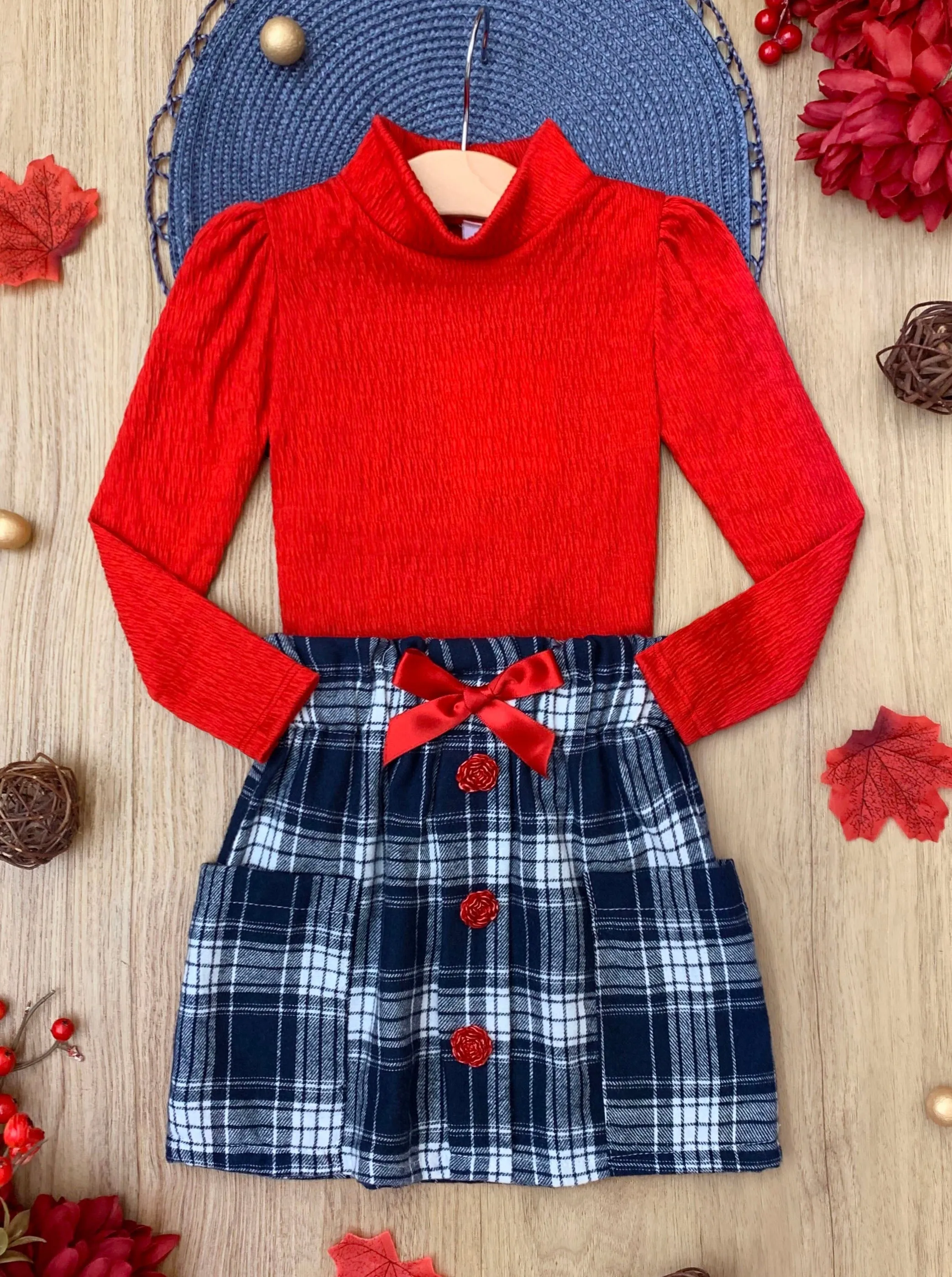 Playful Patches Red Turtleneck Top and Plaid Skirt Set