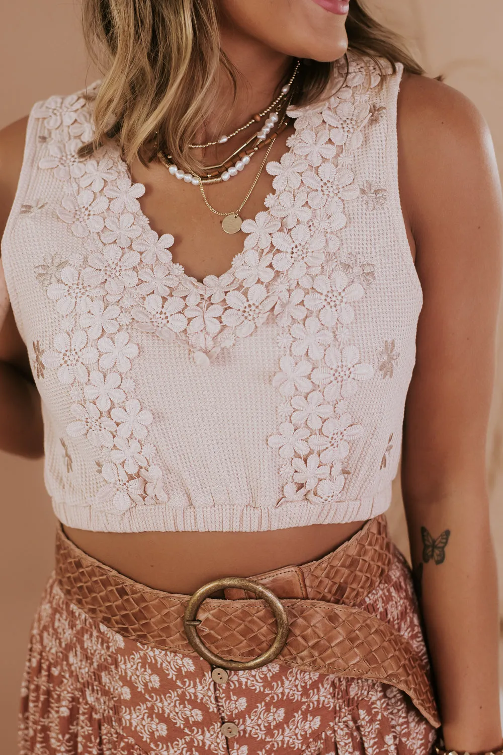 POL: Knit Bralette Floral Embellished Top, Beige