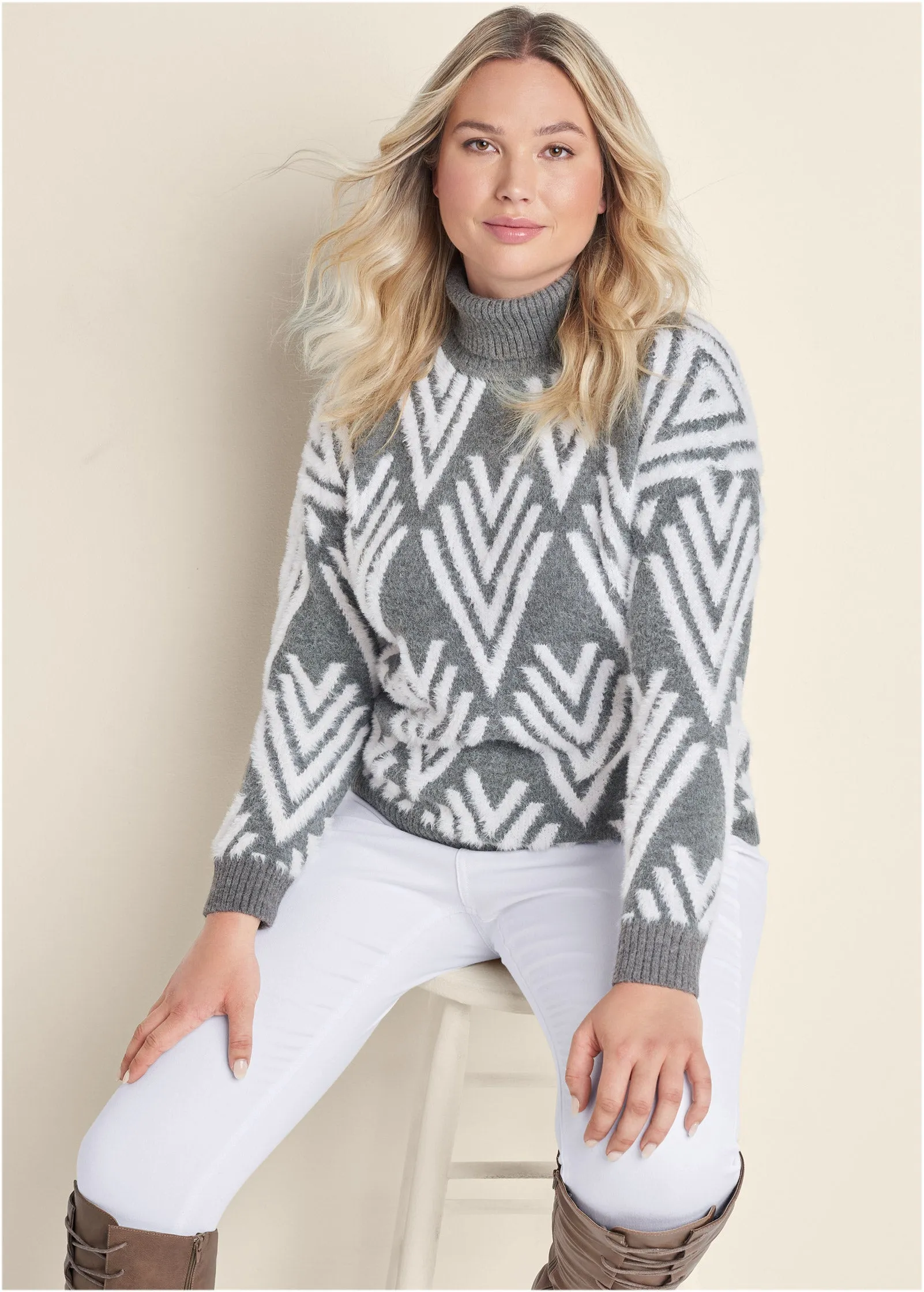 Printed Eyelash Turtleneck Sweater - Grey Multi