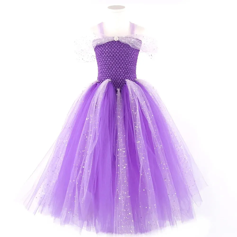 Purple Sparkly Tulle Girls Tutu Dresses for Birthday Party Ankle Length