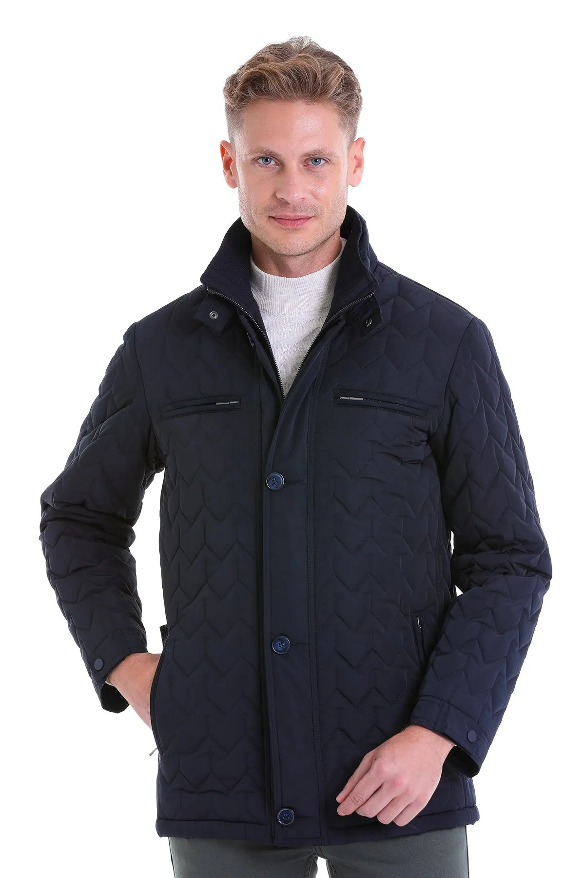 Regular Fit Quilted 1655 Stand Collar Khaki Coat, Navy