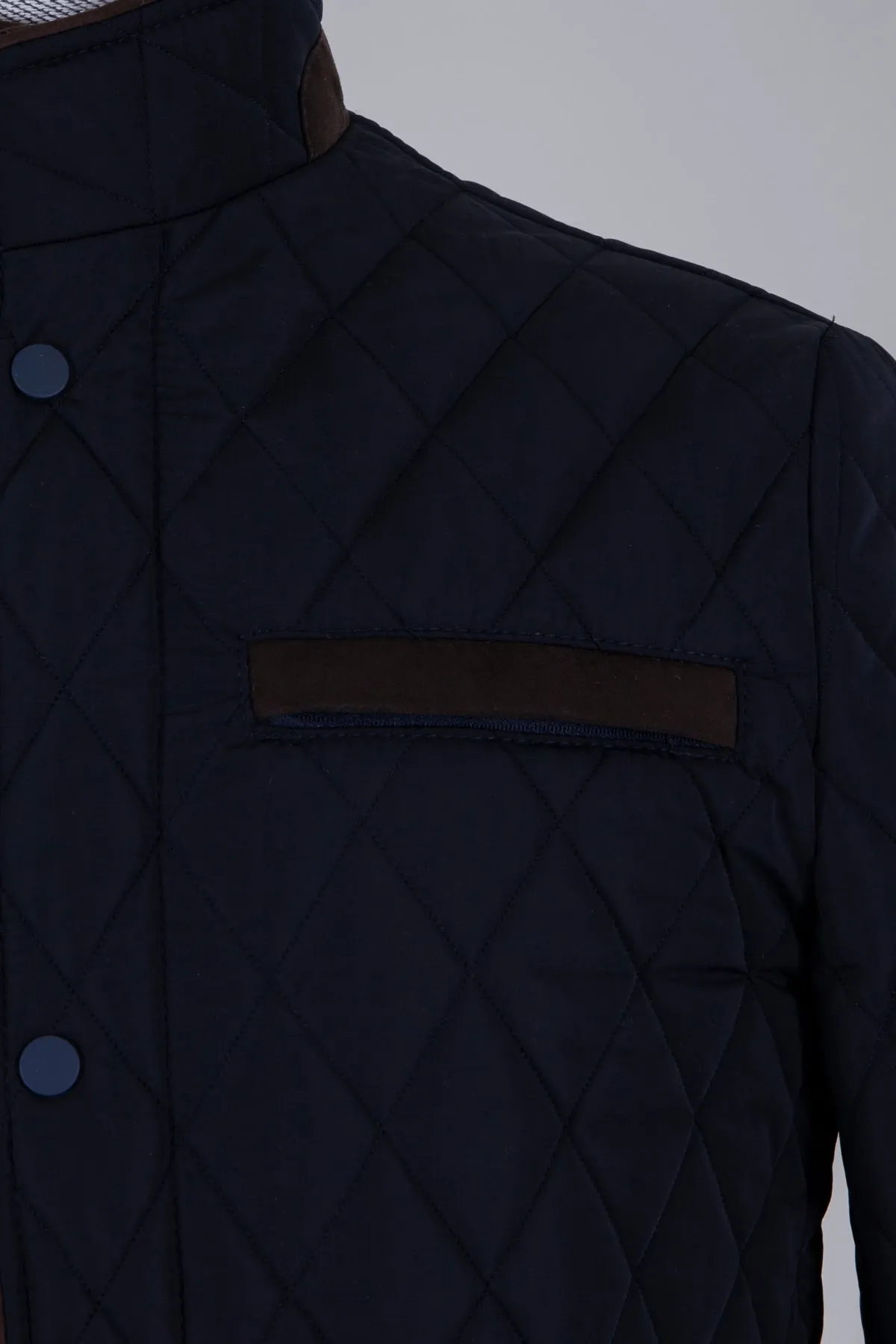 Regular Fit Quilted Nebraska Stand Collar Black Coat, Navy