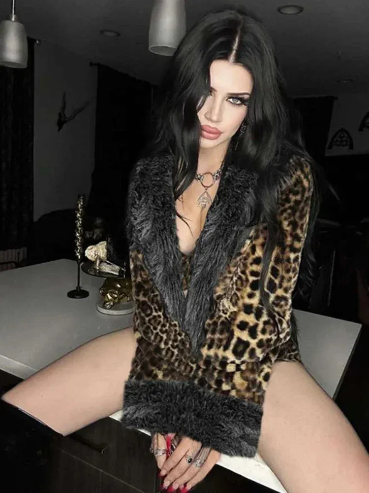 Retro Leopard Print Faux Fur Collar Coats Jackets Fashion Sexy Winter Clothes Women 2024 New in Outerwears C83-FB42