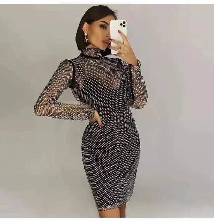 Rhinestone Mid-length High Neck Glitter Dress