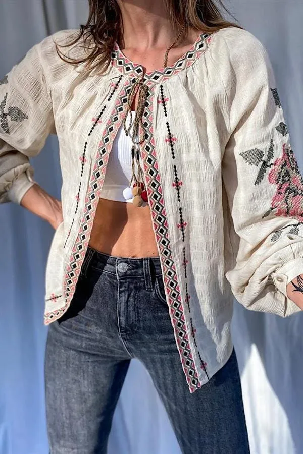 Rose Embroidered Pompom Vintage Loose Jacket,Floral Embroidered Boho Chic Outerwear,Bohemian Jacket,Retro Rose Design Hippie Chic Jacket