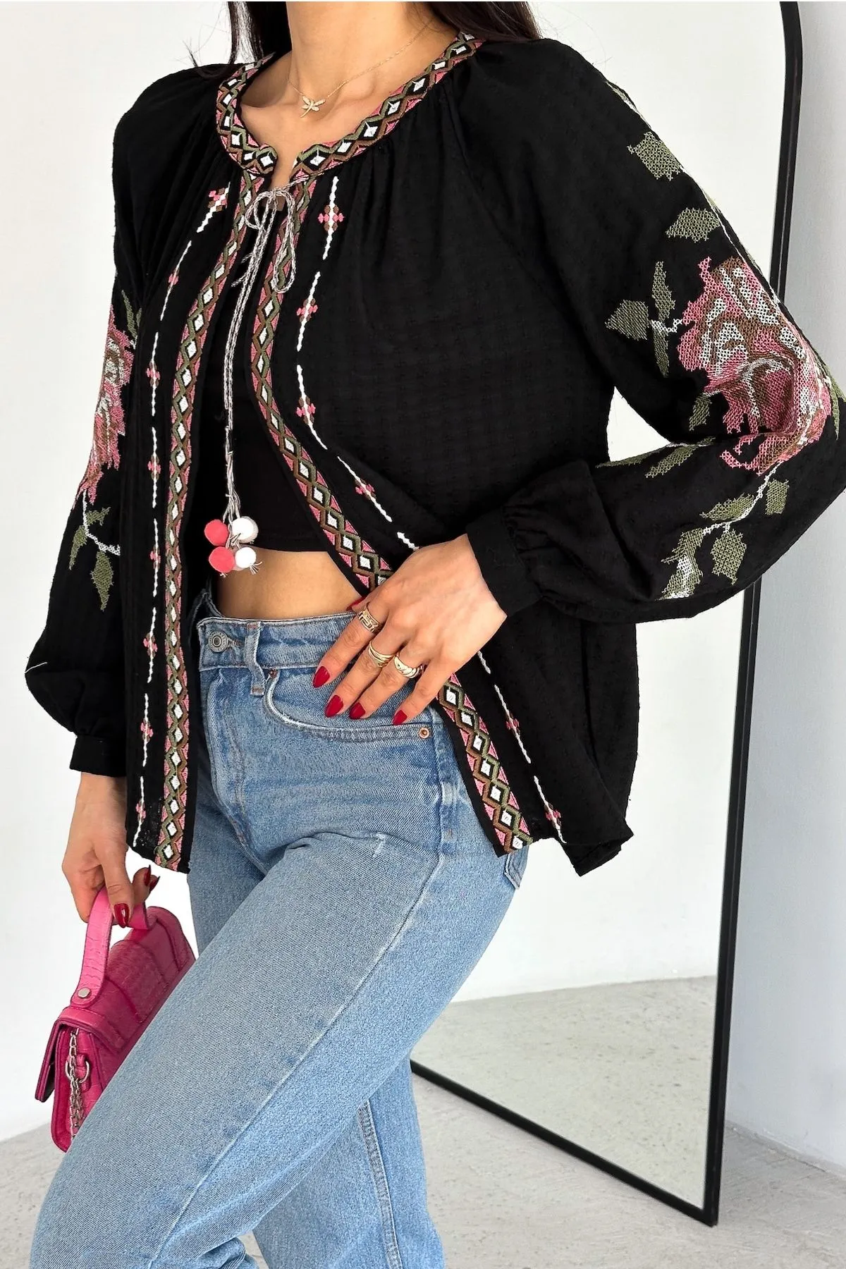 Rose Embroidered Pompom Vintage Loose Jacket,Floral Embroidered Boho Chic Outerwear,Bohemian Jacket,Retro Rose Design Hippie Chic Jacket