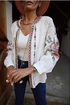 Rose Embroidered Pompom Vintage Loose Jacket,Floral Embroidered Boho Chic Outerwear,Bohemian Jacket,Retro Rose Design Hippie Chic Jacket