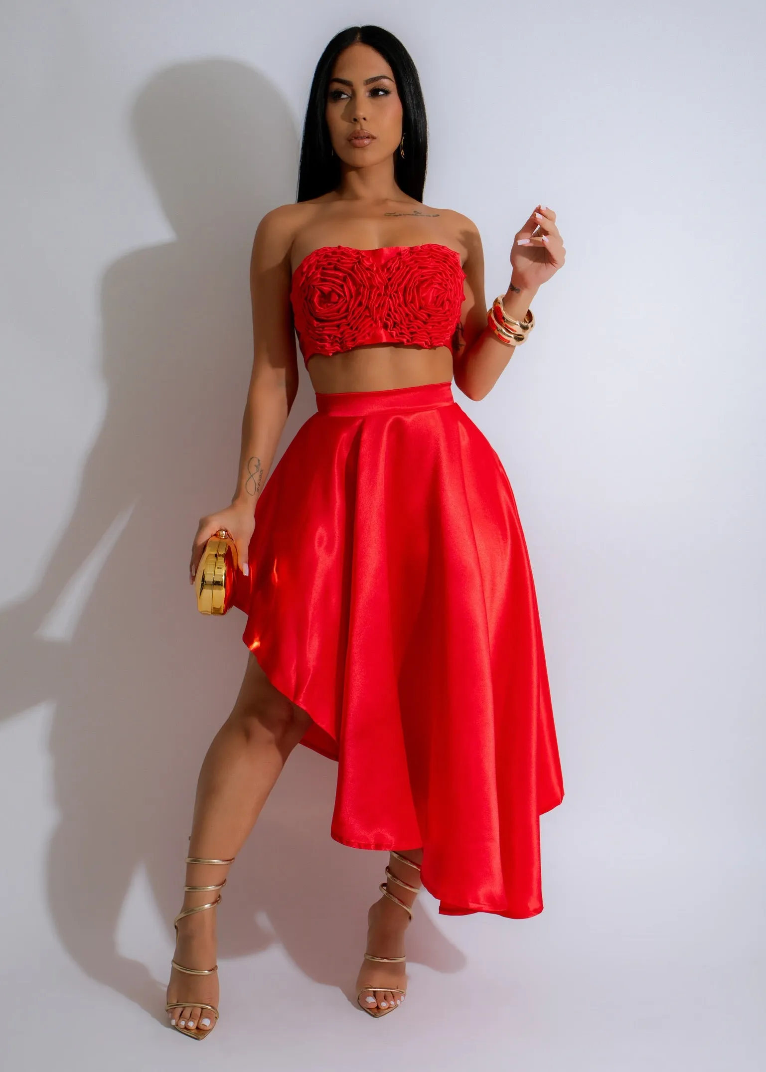 Rosette Reverie Satin Skirt Set Red