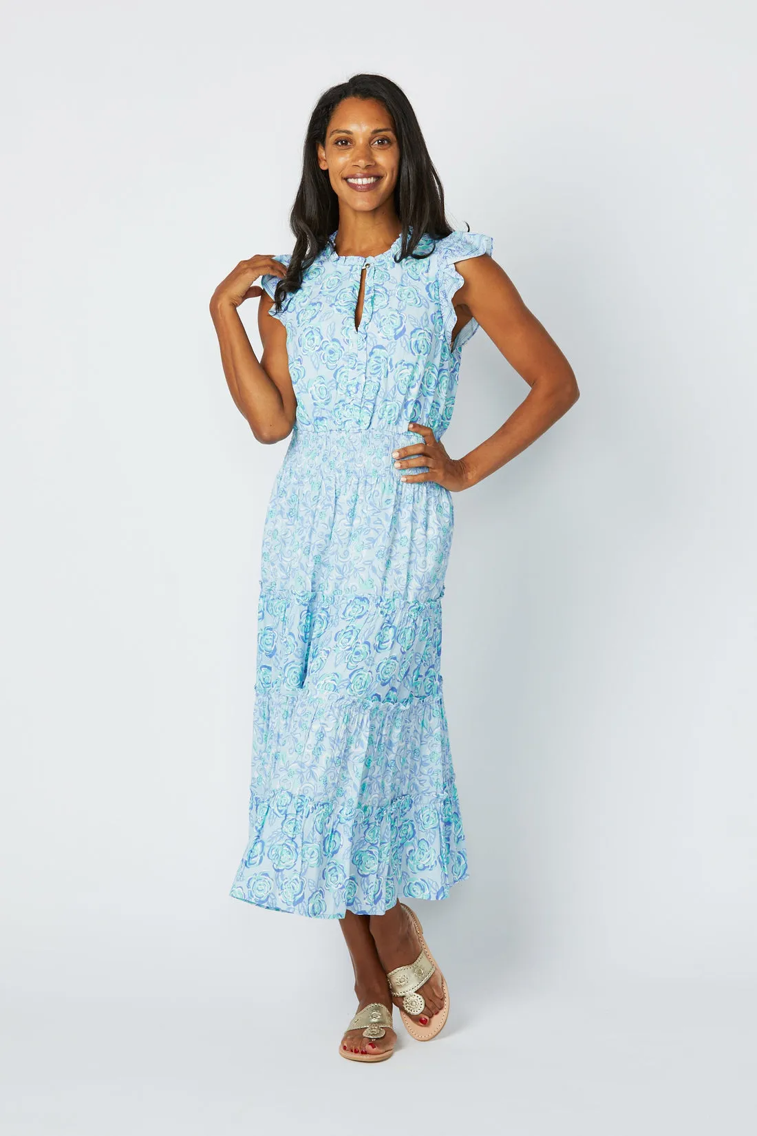 Sail to Sable Flutter Sleeve Midi Dress - Blue Multi